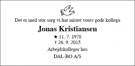 Dødsannoncen for Jonas Kristiansen - Vandel