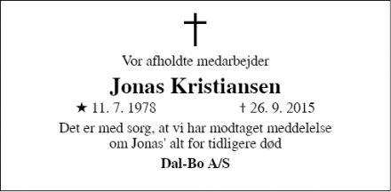 Dødsannoncen for Jonas Kristiansen - Vandel