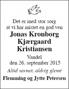 Dødsannoncen for Jonas Kronborg Kjærgaard Kristiansen - Vandel