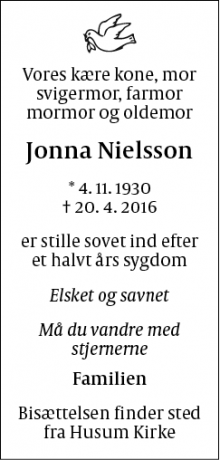 Dødsannoncen for Jonna Nielsson - København