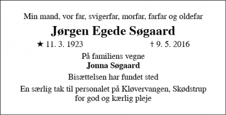 Dødsannoncen for Jørgen Egede Søgaard - Egå