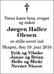 Dødsannoncen for Jørgen Haller Olesen - Skagen