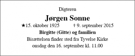Dødsannoncen for Jørgen Sonne - Tyuvelse