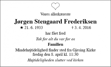 Dødsannoncen for Jørgen Stengaard Frederiksen - Esbjerg