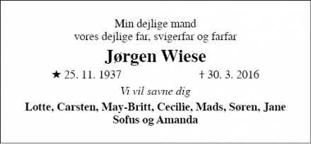 Dødsannoncen for Jørgen Wiese - Farum