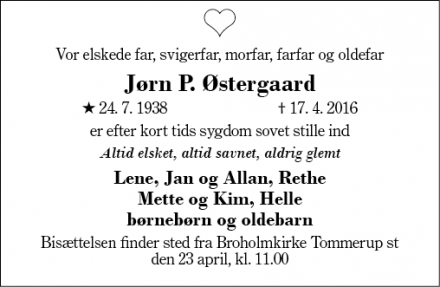 Dødsannoncen for Jørn P. Østergaard - Tommerup st