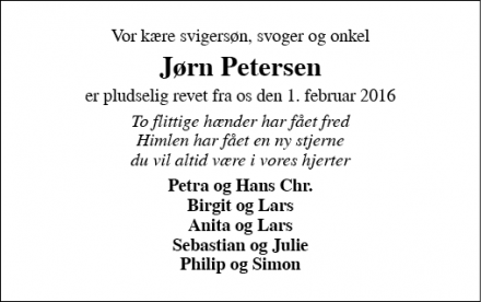 Dødsannoncen for Jørn Petersen - Felsted