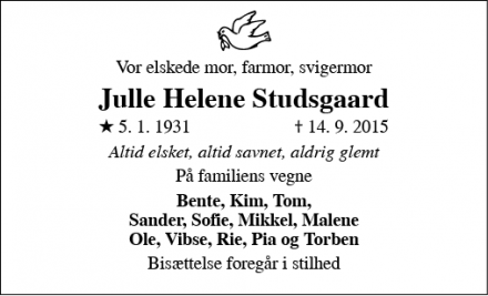 Dødsannoncen for Julle Helene Studsgaard - Hørsholm