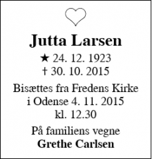 Dødsannoncen for Jutta Larsen  - Odense