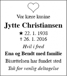 Dødsannoncen for Jytte Christiansen - Roskilde 