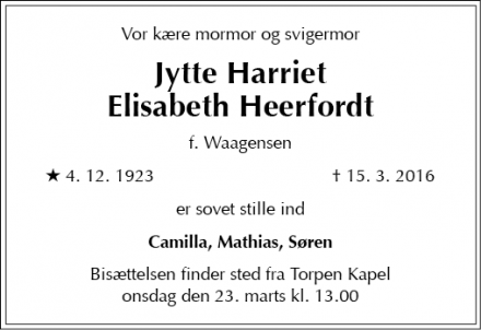 Dødsannoncen for Jytte Harriet Elisabeth Heerfordt - Humlebæk