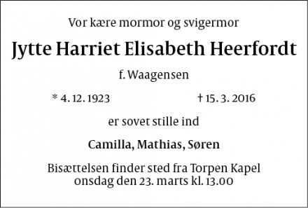 Dødsannoncen for Jytte Harriet Elisabeth Heerfordt - Humlebæk