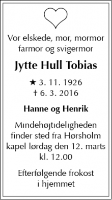 Dødsannoncen for Jytte Hull Tobias - Rungsted Kyst