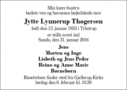 Dødsannoncen for Jytte Lynnerup Thøgersen - Sunds