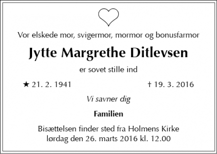 Dødsannoncen for Jytte Margrethe Ditlevsen - Herlev