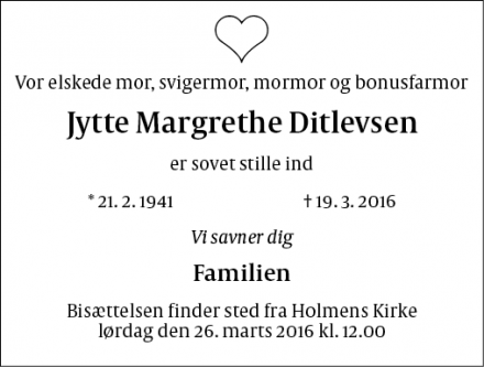 Dødsannoncen for Jytte Margrethe Ditlevsen - Herlev