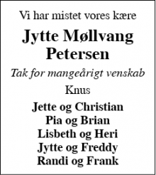 Dødsannoncen for Jytte Møllvang Petersen - Aabenraa