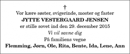 Dødsannoncen for Jytte Vestergaard Jensen - Simested