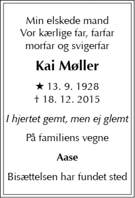 Dødsannoncen for Kai Møller - Tune