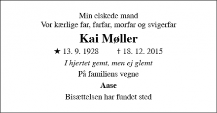 Dødsannoncen for Kai Møller - Tune