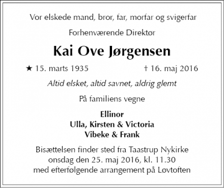 Dødsannoncen for Kai Ove Jørgensen - Taastrup