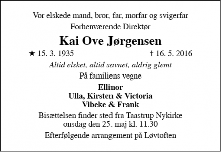 Dødsannoncen for Kai Ove Jørgensen - Taastrup