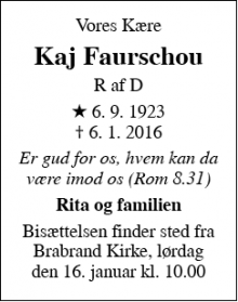 Dødsannoncen for Kaj Faurschou - Brabrand