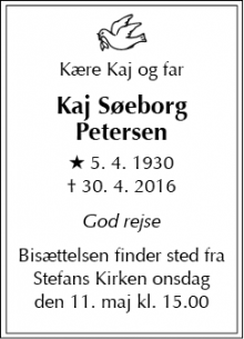 Dødsannoncen for Kaj Søeborg Petersen - København