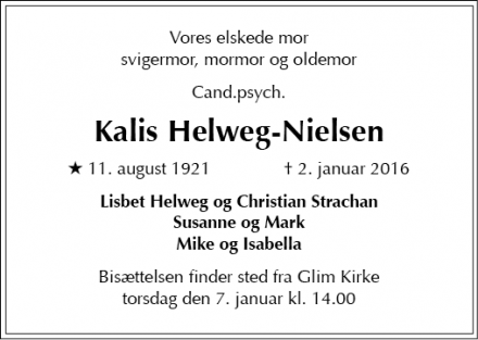 Dødsannoncen for Kalis Helweg-Nielsen - Lejre