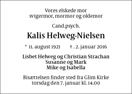 Dødsannoncen for Kalis Helweg-Nielsen - Lejre
