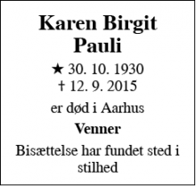 Dødsannoncen for Karen Birgit Pauli - Aarhus