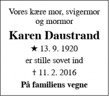 Dødsannoncen for Karen Daustrand - Viby J.