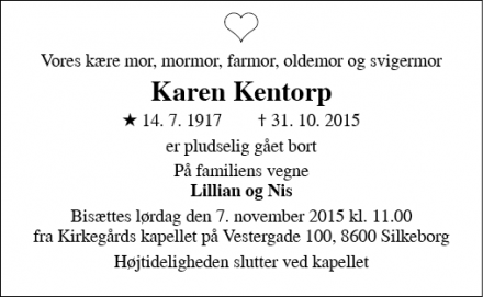 Dødsannoncen for Karen Kentorp - 5450 Otterup