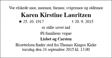 Dødsannoncen for Karen Kirstine Lauritzen - Odense