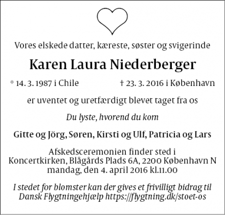 Dødsannoncen for Karen Laura Niederberger - København