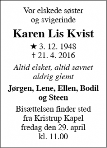 Dødsannoncen for Karen Lis Kvist - Randers