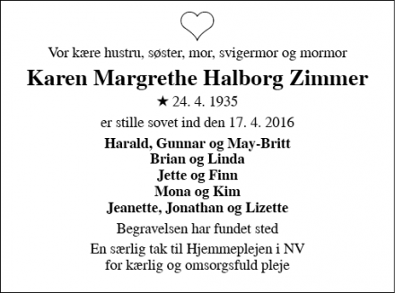 Dødsannoncen for Karen Margrethe Halborg Zimmer - Odense