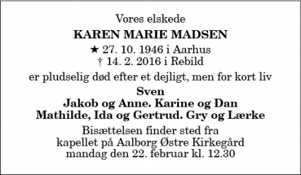 Dødsannoncen for Karen Marie Madsen - Skørping