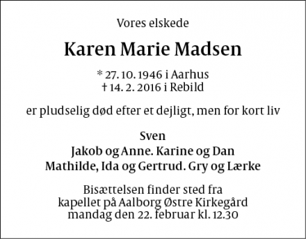 Dødsannoncen for Karen Marie Madsen - Skørping