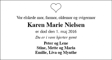 Dødsannoncen for Karen Marie Nielsen - Rødding