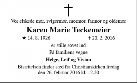Dødsannoncen for Karen Marie Teckemeier - Sønderborg