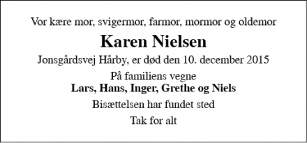 Dødsannoncen for Karen Nielsen - Hårby