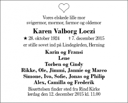 Dødsannoncen for Karen Valborg Loczi - Herning