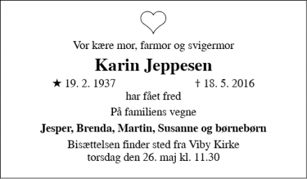 Dødsannoncen for Karin Jeppesen - Viby J