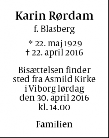 Dødsannoncen for Karin Rørdam - Viborg