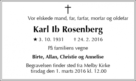 Dødsannoncen for Karl Ib Rosenberg - Liseleje