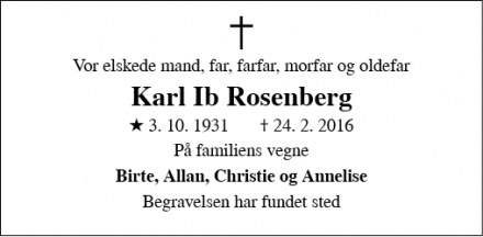 Dødsannoncen for Karl Ib Rosenberg - Liseleje