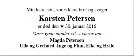 Dødsannoncen for Karsten Petersen - Sønderborg