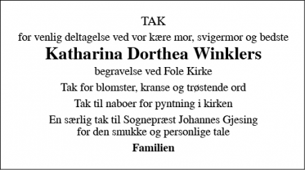 Dødsannoncen for Katharina Dorthea Winklers - Fole