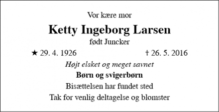 Dødsannoncen for Ketty Ingeborg Larsen - København S